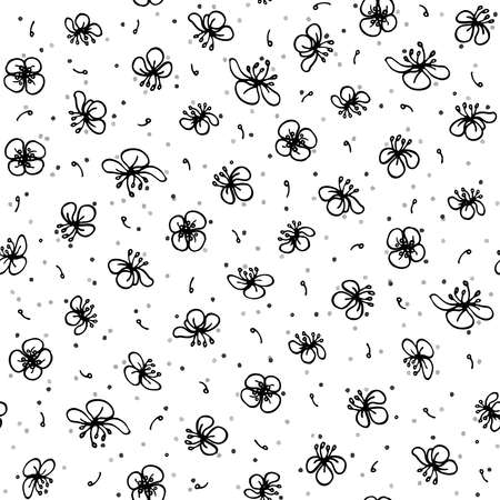 Seamless vector pattern with celandine flowers. Botanical Pharmacy black and white background. Doodle plants Isolated on white background.のイラスト素材