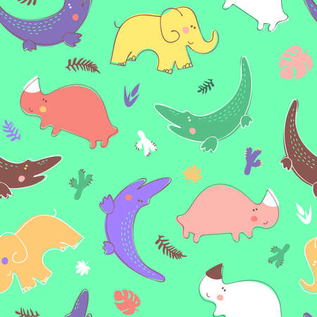 Seamless childrens pattern with wild animals and plants. Vector elephant, crocodile and rhinoceros hand drawn colorful background. Multi-colored cactus and leaves of tropical trees and plants.のイラスト素材