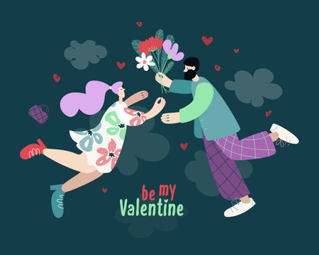 Vector postcard Valentine card with a pair of lovers flying in the clouds. Valentine's Day invitation. A man with a beard gives a bouquet of flowers to a woman on a dark backgroundのイラスト素材