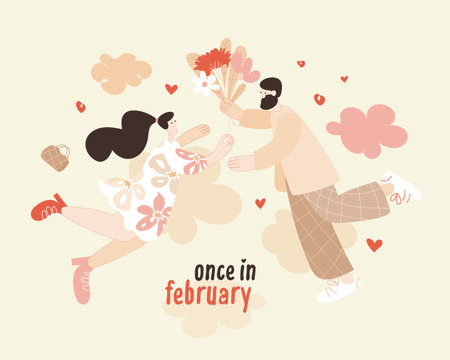 Vector postcard Valentine card with a pair of lovers flying in the clouds. Valentine's Day invitation. A happy man with a beard gives a bouquet of flowers to a womanのイラスト素材