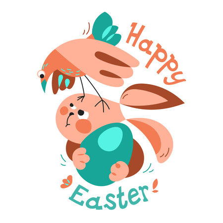 Cartoon Easter holiday card with bunny, bird and egg. Emotional rabbit is holding an egg, and the chicken is standing on his head. Concept of spring egg hunt.のイラスト素材