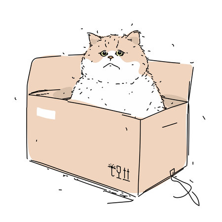 Fluffy fat cat hid in a box. homeless pet. A parcel with a big sad kitten. The concept of delivery, packaging and moving. hand drawn vector illustrationのイラスト素材