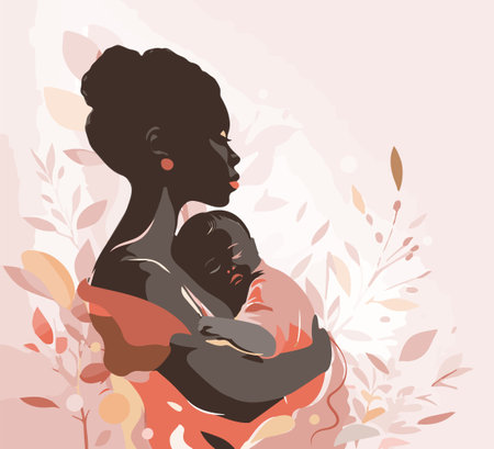 Tender illustration african american woman with a baby in her arms. Postcard for Mother's Day. Postpartum happy period. The concept of motherhood and healthのイラスト素材