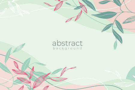 Design template banner with branches. Minimal background with elements and outline plant leaves. Simple botanical frame line art with abstract shape. Place for your text on layoutのイラスト素材