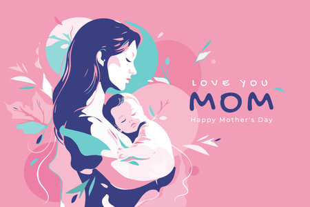 Tender card with a woman with a baby in her arms. Postcard for Mother's Day. Postpartum happy period. The concept of motherhood and health. Vibrant contrasting colorsのイラスト素材