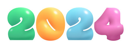 Vector colorful number 2024 from balloons. Puffy Inflated Calendar date isolated on white background. happy new year. Element for Party, Xmas, poster, banner, cardのイラスト素材