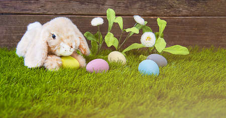Easter Bunny. Bunny and Decorated Eggs on Fresh Grass with flowers