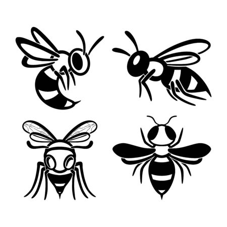 Set of flat line wasp icons. Bundle of black insects silhouettes Isolated on a white background. Graphic symbol, design template. Vector illustration emblem of a bee, hornet, pest, sting.のイラスト素材