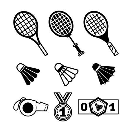 Set of badminton elements: shuttlecock, racket, medal, whistle. Bundle of vector flat line icons isolated on white background. Sports icon concept. Design template for website, mobile application.のイラスト素材