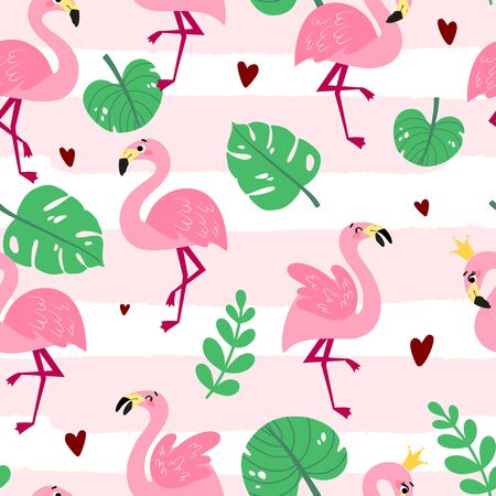 Seamless pattern with cartoon flamingos. Summer tropical vector texture on a white background. Background for a children's book, print, poster, stickers, fabric, wrapping paper.のイラスト素材