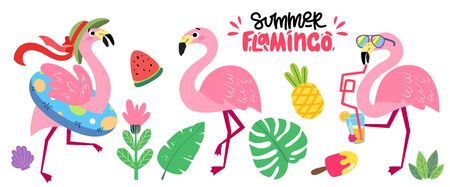 Set of cartoon pink flamingos. Collection of tropical birds. Summer vector illustration with funny animals for children's books, print, fabric, poster, postcard.のイラスト素材