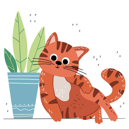 Cute red cat with plant isolated on white background. Scandinavian cartoon animal in flat hand drawn style. Vector pet concept for childrens books, print, poster, fabric, stickers.のイラスト素材