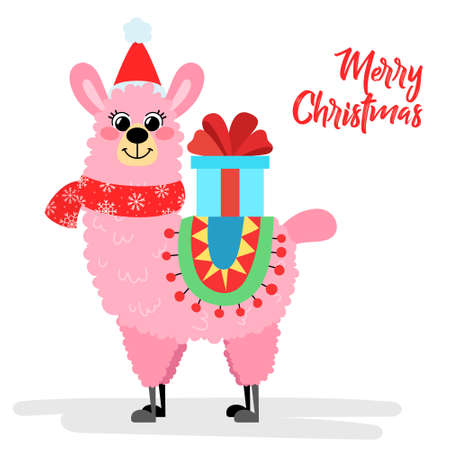 Vector llama in Christmas red hat. Alpaca greeting card in hand drawn style. Concept for invitation, poster, print, banner. Merry Christmas and happy new year.のイラスト素材