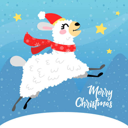 Vector llama in Christmas red hat. Alpaca greeting card in hand drawn style. Concept for invitation, poster, print, banner. Merry Christmas and happy new year.のイラスト素材