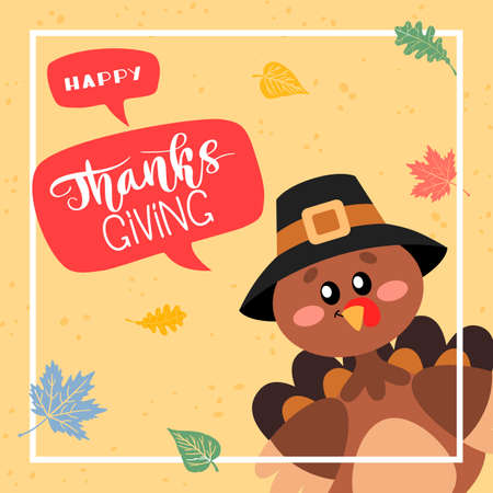 Happy Thanksgiving Greetings. A turkey in a pilgrim hat with a speech bubble and hand drawn lettering style. Vector design for greeting card, poster, flag, banner, print.のイラスト素材