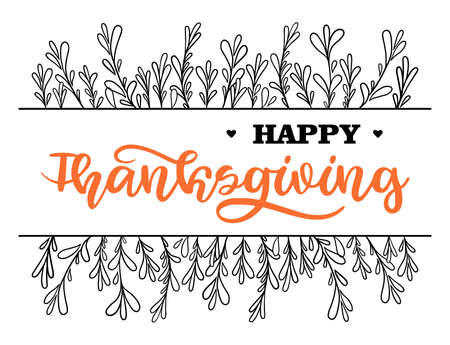Happy Thanksgiving. Lettering in hand-drawn style. Design concept banner, flag, poster in autumn mood. Vector frame with fallen leaves.のイラスト素材