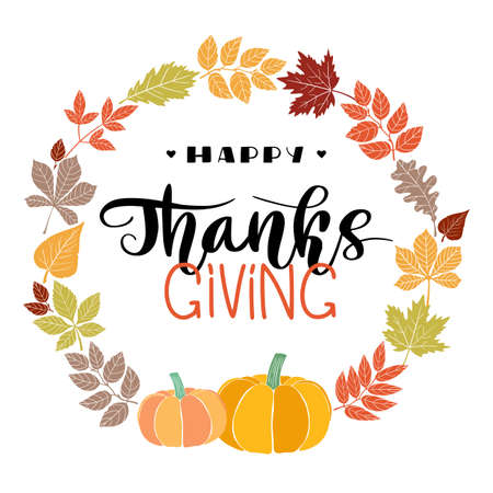 Happy Thanksgiving. Lettering in hand drawn style. Design concept banner, flag, poster in autumn mood. Vector wreath with fallen leaves.のイラスト素材
