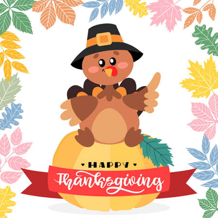 Happy Thanksgiving. Turkey sitting on a pumpkin with hand drawn lettering style. Decorated banner concept with autumn leaves. Vector design for greeting card, poster, flag, print.のイラスト素材