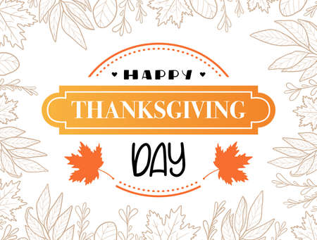 Happy Thanksgiving. Lettering in hand drawn style. Design concept banner, flag, poster in autumn mood with fallen leaves. Vector for website, print, decoration.のイラスト素材