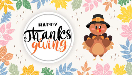 Happy Thanksgiving Greetings. A turkey with hand drawn lettering style. Decorated banner concept...