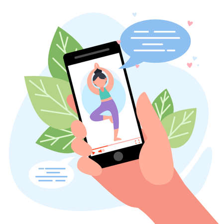 Girl or woman doing yoga at home online. Exercises for health, posture, relaxation, meditation, concentration on the phone or tablet. Morning routine workout with internet, illustration.のイラスト素材