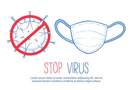 Flat line doodle medical icon. Red stop sign and face mask. Bacterium isolated on white background with place for text.のイラスト素材
