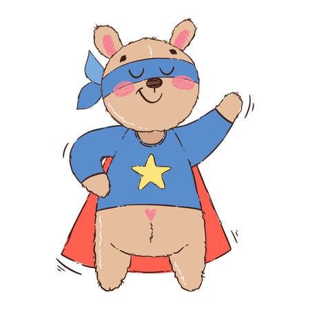 Cute teddy bear superhero isolated on white background. Animal character hero with mask and cloak. Cartoon  illustration in hand drawn style.のイラスト素材