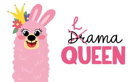 Pink funny llama with a crown, isolated on white background. Lettering lama queen. Cartoon alpaca in hand drawn style for childrens and kids books, print, poster, stickers, fabric.のイラスト素材