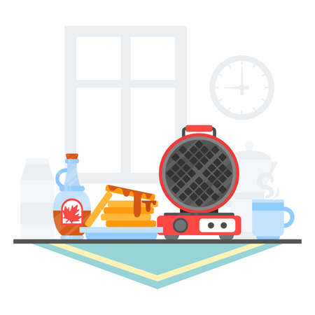 Waffle iron maker. Homemade breakfast: dessert with maple syrup, tea, juice, milk, teapot, cup. Flat  illustration. Template with place for text.のイラスト素材
