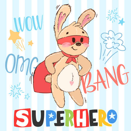 Cute superhero character with lettering. Bunny hero with mask and cloak. Cartoon vector illustration in hand drawn style. Design for childrens books, print, poster, fabric.のイラスト素材