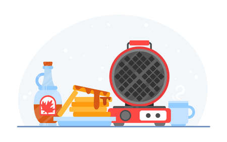 Waffle iron maker. Homemade breakfast: dessert with maple syrup, tea, juice, milk, teapot, cup. Flat vector illustration isolated on white background. Design concept for flyer, menu, poster.のイラスト素材