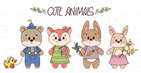 Set of cute animals in hand drawn style. Vector collection of bear, fox, hare, rabbit or bunny. Little characters for childrens books, wallpapers, prints, textile, fabric, cotton, poster, nursery.のイラスト素材