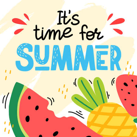 Time for summer lettering in hand drawn style. Tropical vector with text, slice of watermelon and pineaple. Concept and composition for postcards, posters, background, print, banners.のイラスト素材