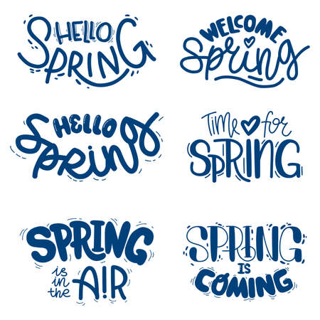 Set of different phrases about spring. Collection of hand drawn lettering, blue color. Words isolated on white background for decoration, design, print.のイラスト素材