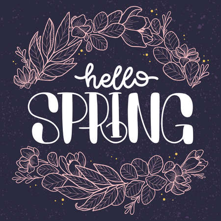 Hello spring, hand drawn lettering. Postcard on a blue background with decorative floral elements. Frame with flowers with place for text. Card, poster, holiday, print.のイラスト素材