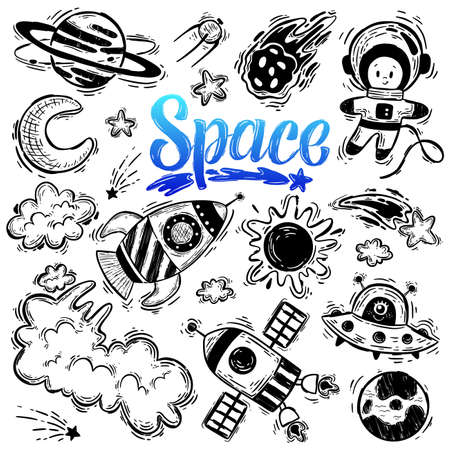 Vector set of cosmos illustrations isolated on white background. Rocket space shuttle, astronaut, stars, UFO, moon, satellite, planets, sun. Doodle universe. Astronomy sketch.のイラスト素材