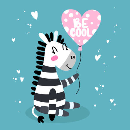 Zebra in love in flat cartoon style. Funny black and white hand-drawn horse with a balloon. Vector illustration for print, childrens book, poster, fabric.のイラスト素材