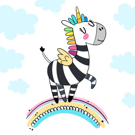 Zebra in flat cartoon style. Funny black and white hand drawn horse. A unicorn stands on a rainbow. Vector illustration for print, childrens book, poster, fabric.のイラスト素材