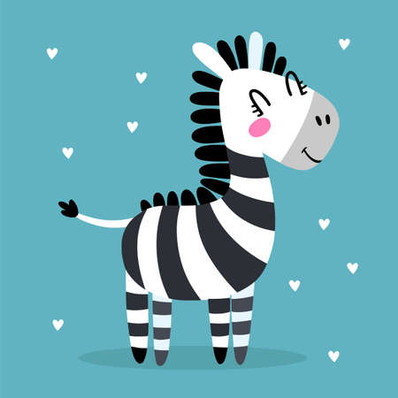 Cute baby zebra in flat cartoon style. Funny black and white hand-drawn horse. Vector illustration for print, childrens book, poster, fabric.のイラスト素材