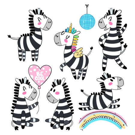 Set of cartoon zebra isolated on white background. Funny black and white animal in different poses. Vector illustration of a zebra in hand-drawn style for prints, posters, stickers.のイラスト素材