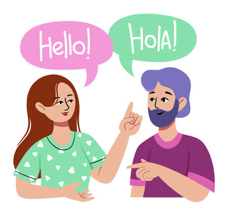 Social man and woman speaking scene concept isolated on white background. Male and female talking to each other, exchange information with speech bubble. Vector illustration.のイラスト素材