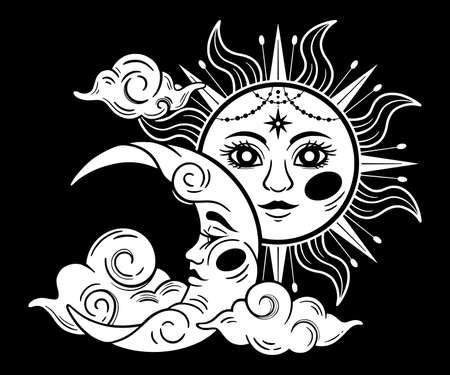 Magical vector illustration for tarot, astrology, celestial alchemy, zodiac. Mystical sun and moon with a face on a black background.のイラスト素材