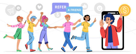 Refer a friend vector illustration. Young man invites his friends to a referral program, marketing concept. Business partnership strategy with group of people. Referral system, group of customers.のイラスト素材
