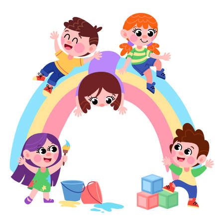 Children draw and sit on a rainbow in kindergarten. Children play, have fun, active time.のイラスト素材