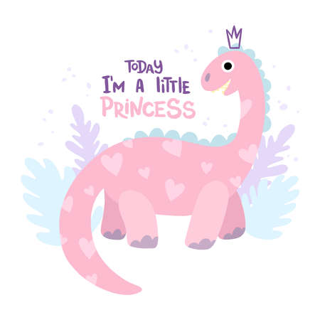 Pink dinosaur brontosaurus with a crown and hand lettering. Girl power concept. Dino princess flat hand drawn vector. Cute smiling character for kids book, games, posters.のイラスト素材