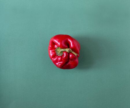 Ugly shaped organic vegetables. Deformed homegrown bell pepper isolated on green background. Flat lay.の写真素材