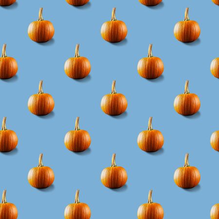 Seamless pattern of orange pumpkins on a blue background. Front view.の写真素材