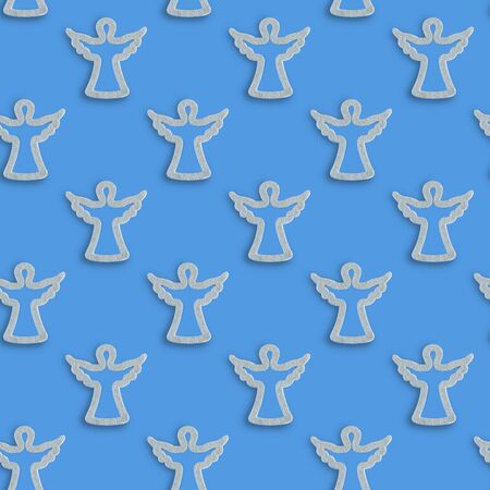 Seamless pattern of Christmas figurines of angels on a blue background. New Year. Xmas composition. Flat lay.の写真素材