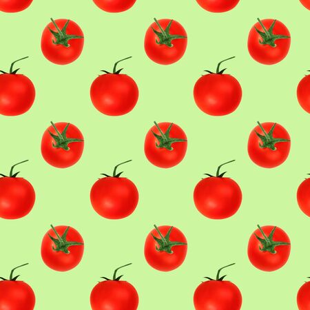 Seamless pattern of cherry tomatoes on a green background. Minimal concept, isometric food texture. Organic vegetable, healthy ingredient.の写真素材