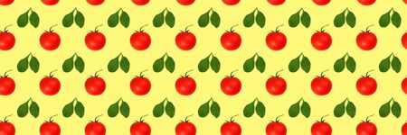 Seamless pattern of cherry tomatoes and spinach leaves on a yellow background. Minimal concept, isometric texture of food. Organic vegetable, healthy ingredient.の写真素材
